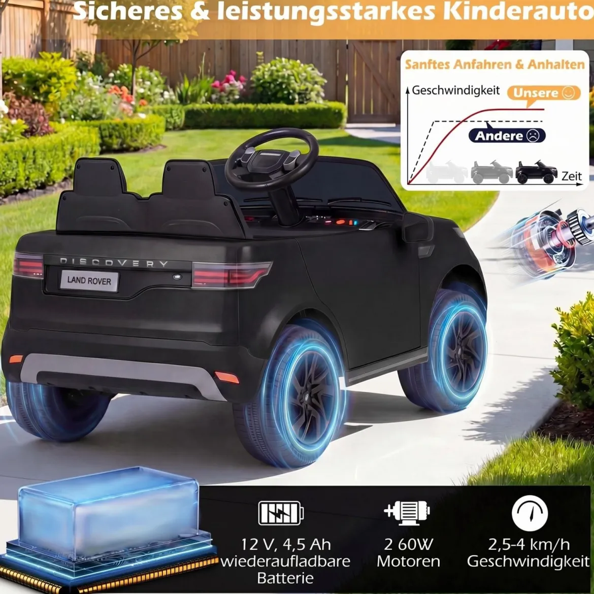 12V Land Rover Kinder-Elektroauto Federung LED Musik Kabellos Kinder ab 3 Jahren Schwarz