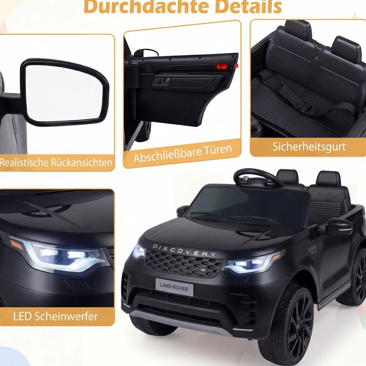 12V Land Rover Kinder-Elektroauto Federung LED Musik Kabellos Kinder ab 3 Jahren Schwarz