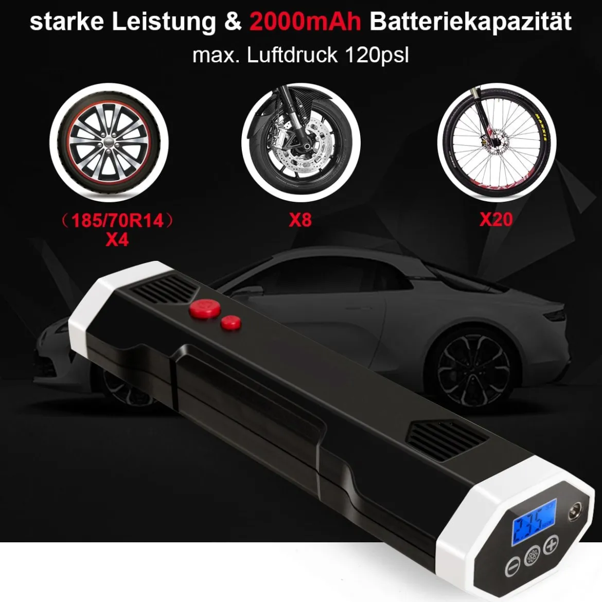 12V Luftkompressor elektrisch LCD-Anzeige 2000mAh-Akku für Autos Motorräder Fußbälle