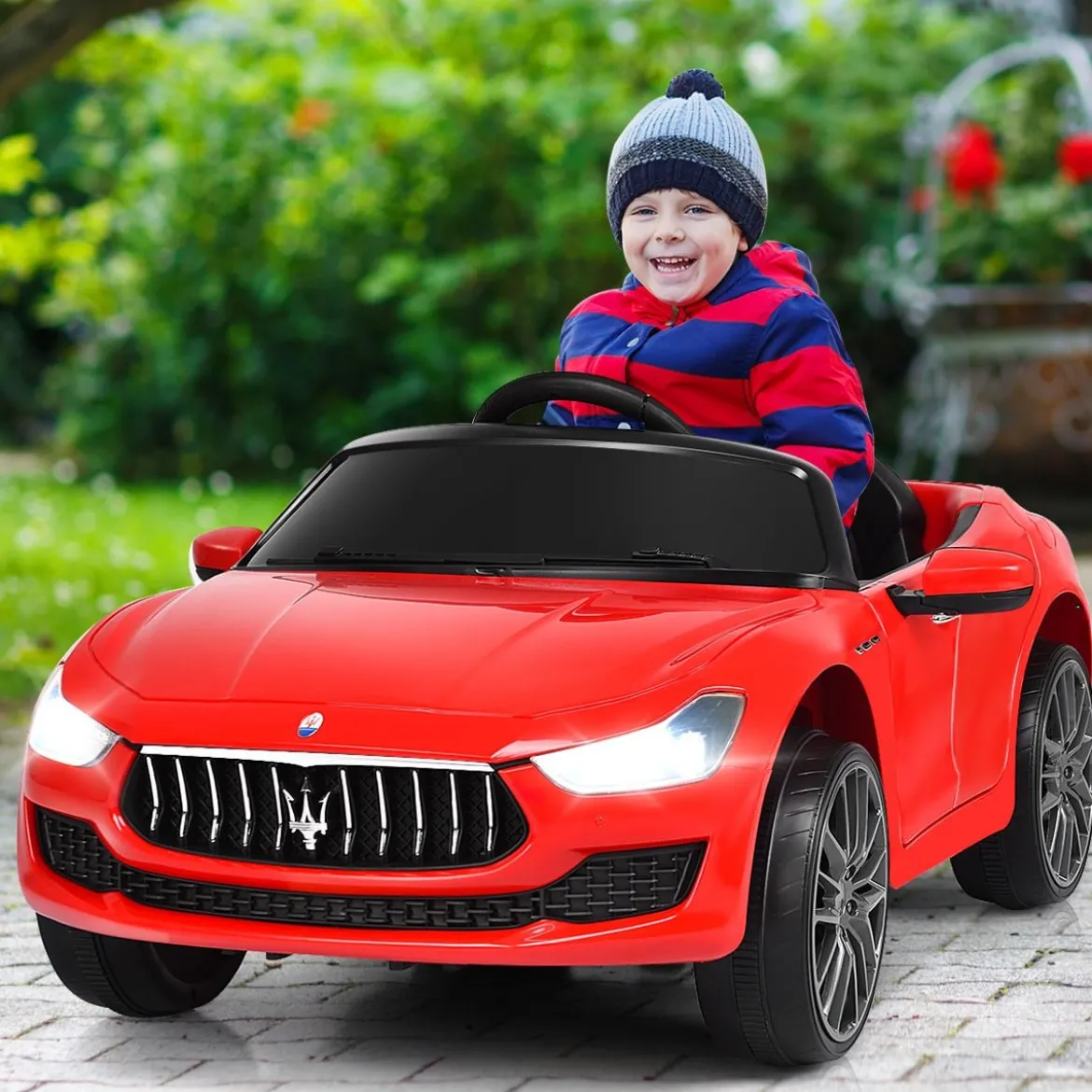 12V Maserati Kinderauto mit 2,4G-Fernbedienung & Musik & LED für Kinder ab 3 jahren Rot
