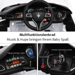 12V Maserati Kinderauto mit 2,4G-Fernbedienung & Musik & LED für Kinder ab 3 Jahren Weiß
