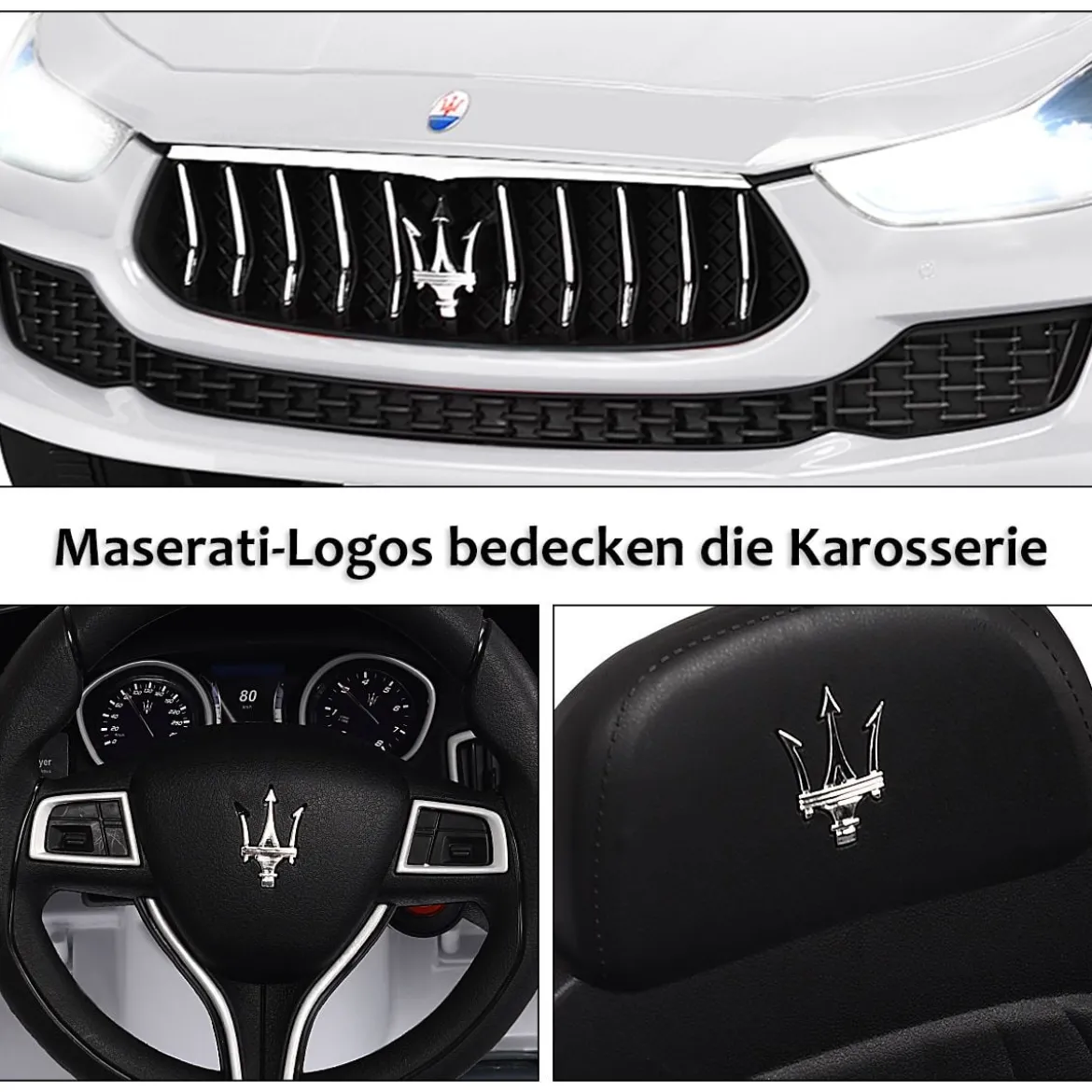 12V Maserati Kinderauto mit 2,4G-Fernbedienung & Musik & LED für Kinder ab 3 Jahren Weiß