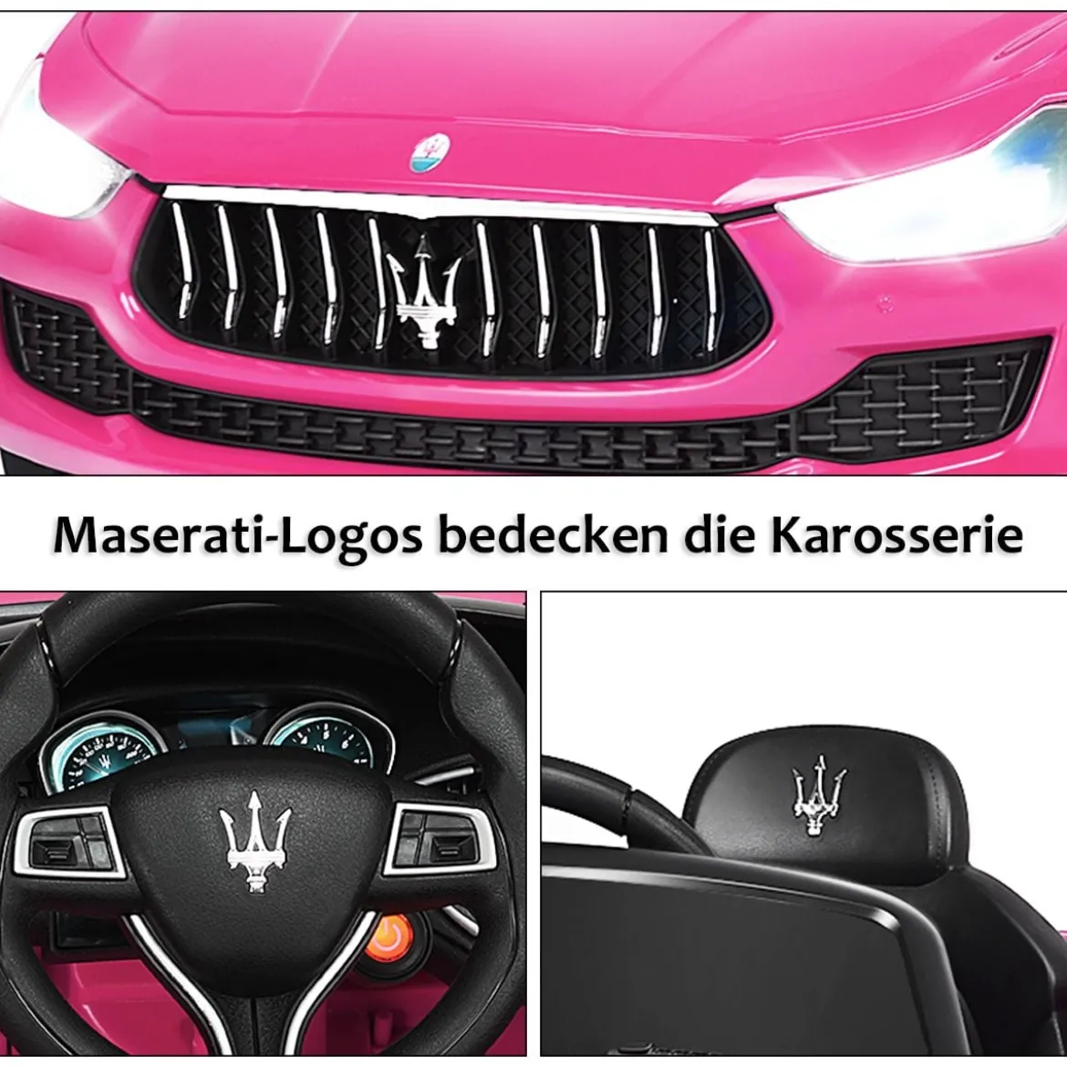 12V Maserati Kinderauto mit 2,4G-Fernbedienung & Musik & LED für Kinder ab 3 Jahren Rosa