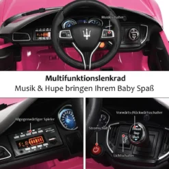12V Maserati Kinderauto mit 2,4G-Fernbedienung & Musik & LED für Kinder ab 3 Jahren Rosa
