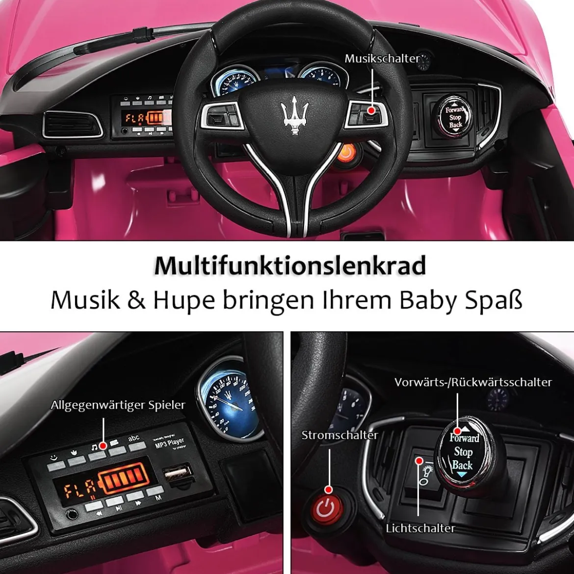 12V Maserati Kinderauto mit 2,4G-Fernbedienung & Musik & LED für Kinder ab 3 Jahren Rosa