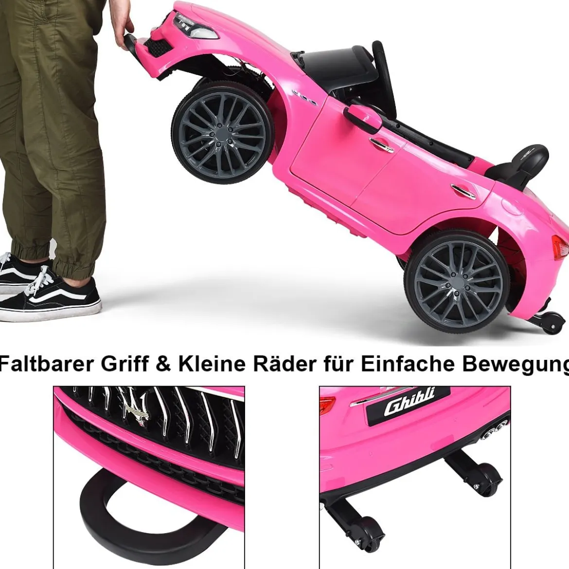 12V Maserati Kinderauto mit 2,4G-Fernbedienung & Musik & LED für Kinder ab 3 Jahren Rosa