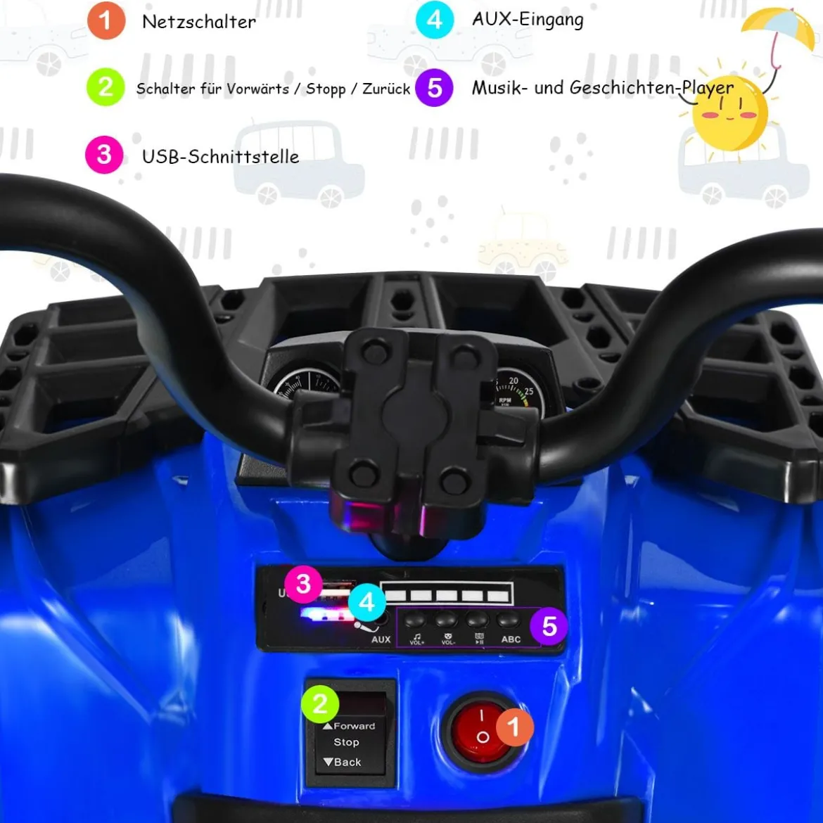 6V Mini Elektroquad mit Musik MP3 USB für Jungs und Mädchen 41 x 68,5 x 49,5 cm Blau