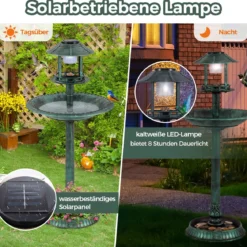 Vogeltränke mit Solarleuchte & Blumentopf Vogelfutterhaus Vogelfutterstation Futterspender Grün