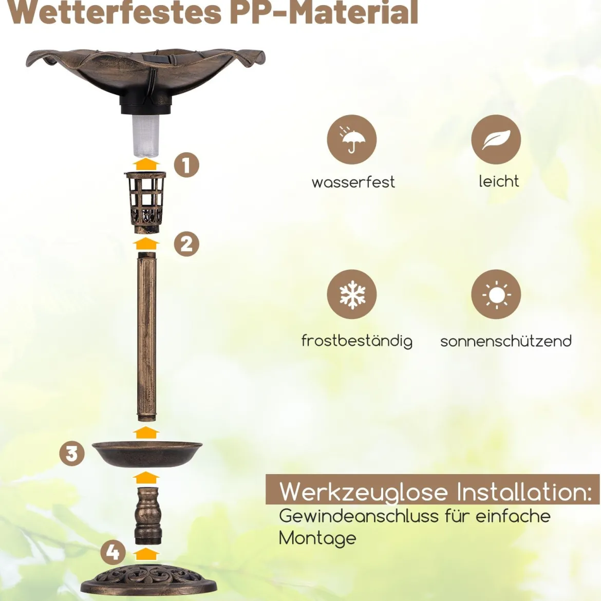 Vogeltränke mit Solarleuchte Blumentopf Vogelfutterhaus & Ständer Vogelfutterstation Retro Ø43 x 76cm Bronze