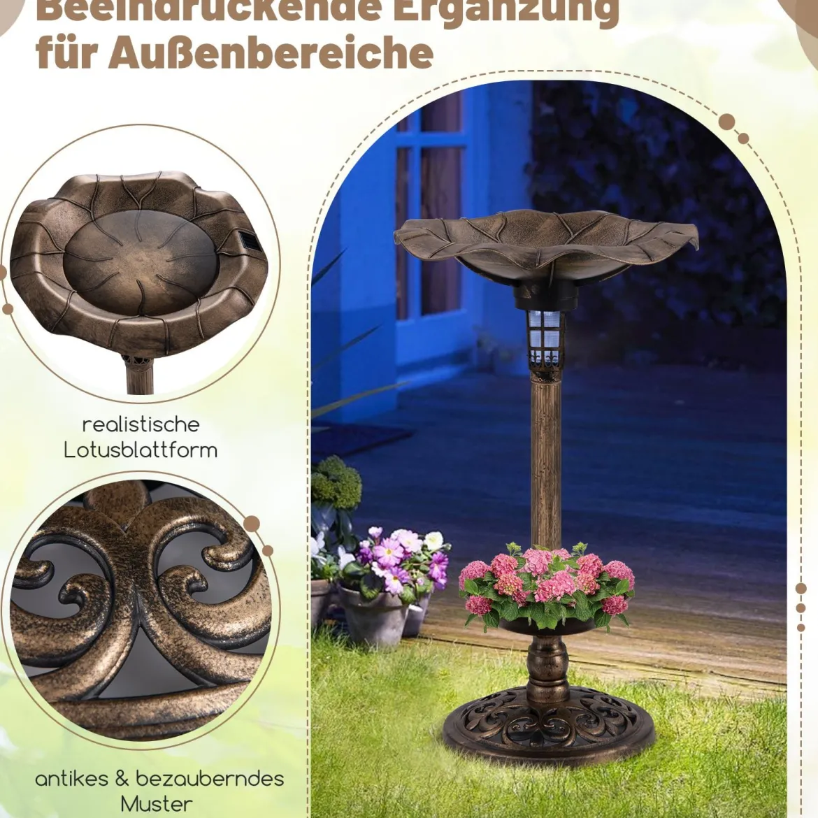 Vogeltränke mit Solarleuchte Blumentopf Vogelfutterhaus & Ständer Vogelfutterstation Retro Ø43 x 76cm Bronze