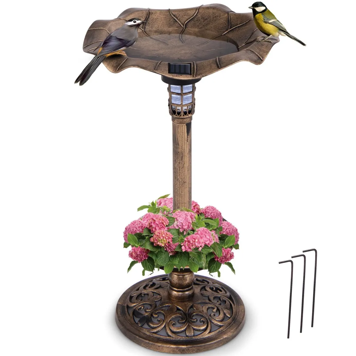 Vogeltränke mit Solarleuchte Blumentopf Vogelfutterhaus & Ständer Vogelfutterstation Retro Ø43 x 76cm Bronze