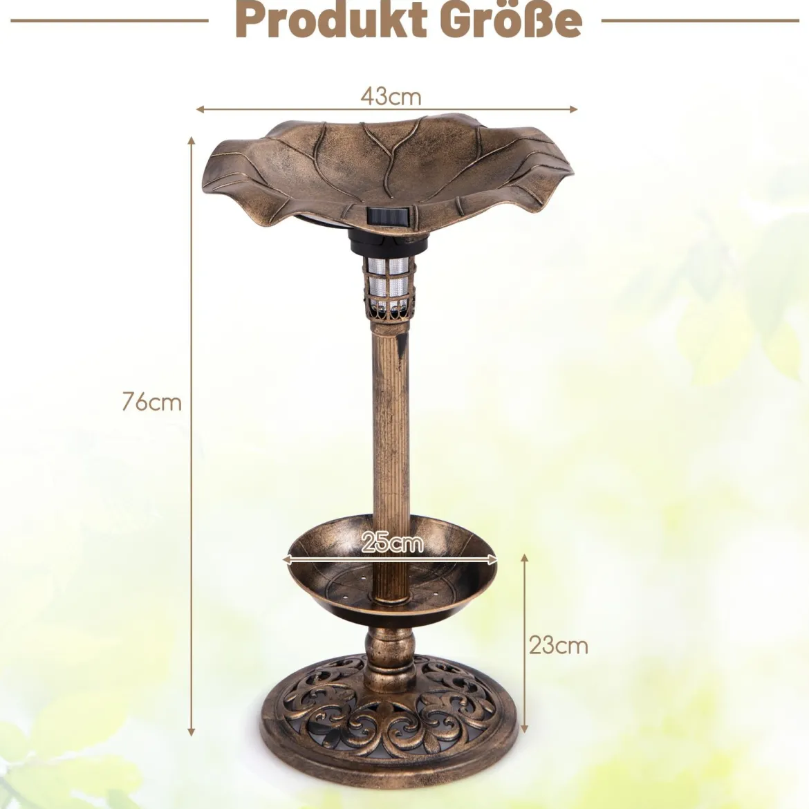 Vogeltränke mit Solarleuchte Blumentopf Vogelfutterhaus & Ständer Vogelfutterstation Retro Ø43 x 76cm Bronze