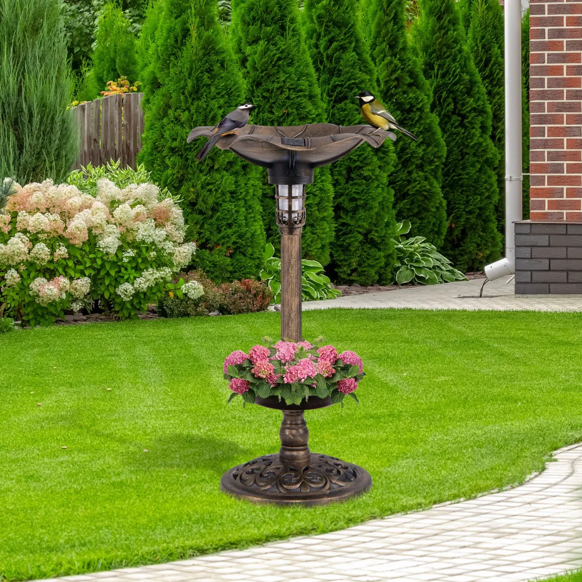 Vogeltränke mit Solarleuchte Blumentopf Vogelfutterhaus & Ständer Vogelfutterstation Retro Ø43 x 76cm Bronze