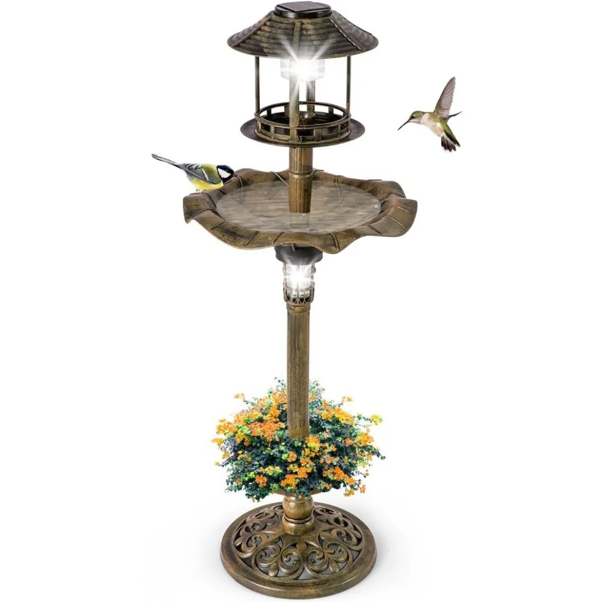 Vogeltränke mit Solarleuchte Blumentopf Vogelfutterhaus Ø43 x 110 cm Bronze
