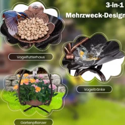 Vogeltränke mit Solarleuchte Vogelbad Futterspender Blumentopf mit dekorativen Lotus & Blättern Bronze