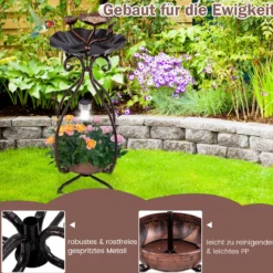 Vogeltränke mit Solarleuchte Vogelbad Futterspender Blumentopf mit dekorativen Lotus & Blättern Bronze