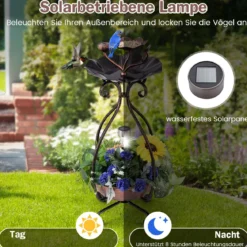Vogeltränke mit Solarleuchte Vogelbad Futterspender Blumentopf mit dekorativen Lotus & Blättern Bronze