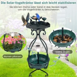 Vogeltränke mit Solarleuchte Vogelbad Futterspender Blumentopf mit dekorativen Lotus & Blättern Grün
