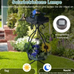 Vogeltränke mit Solarleuchte Vogelbad Futterspender Blumentopf mit dekorativen Lotus & Blättern Grün
