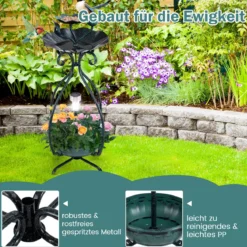 Vogeltränke mit Solarleuchte Vogelbad Futterspender Blumentopf mit dekorativen Lotus & Blättern Grün