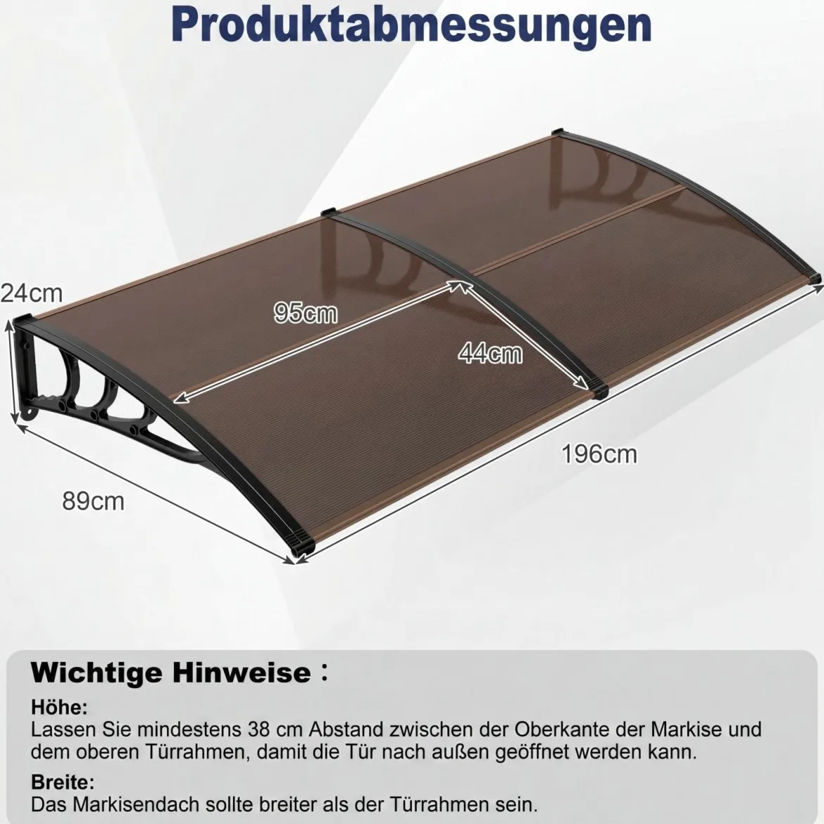Vordach für Haustür Türvordach aus Polycarbonat mit Aluminiumstangen & PP-Halterung 197x89 cm