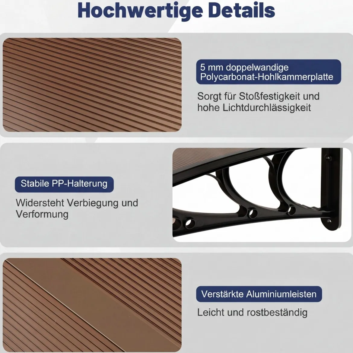 Vordach für Haustür Türvordach aus Polycarbonat mit Aluminiumstangen & PP-Halterung 197x89 cm