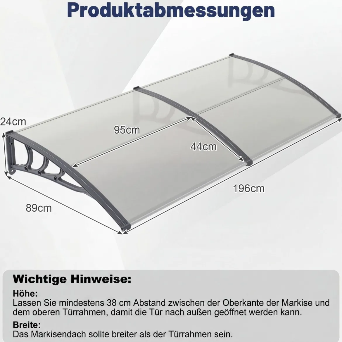 Vordach für Haustür Türvordach aus Polycarbonat mit Aluminiumstangen & PP-Halterung 197x89 cm