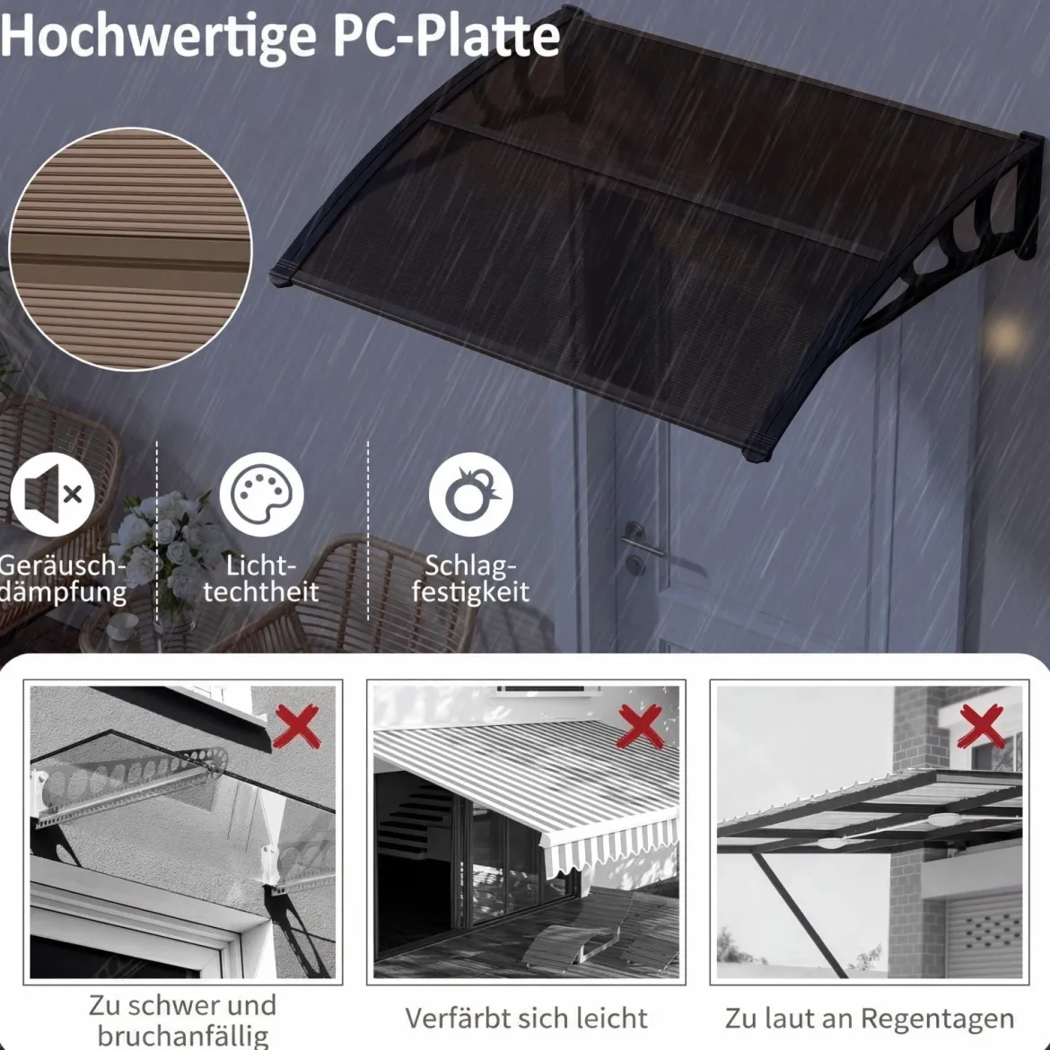 Vordach für Haustür 100 x 76 cm Transparentes Pultbogenvordach aus Polycarbonat & Aluminium Schwarz/Braun