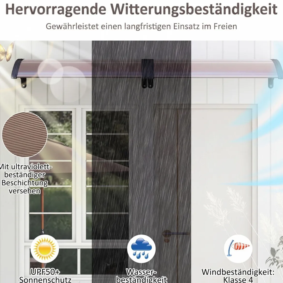 Vordach für Haustür 100 x 76 cm Transparentes Pultbogenvordach aus Polycarbonat & Aluminium Schwarz/Braun