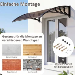 Vordach für Haustür 100 x 76 cm Transparentes Pultbogenvordach aus Polycarbonat & Aluminium Schwarz/Braun