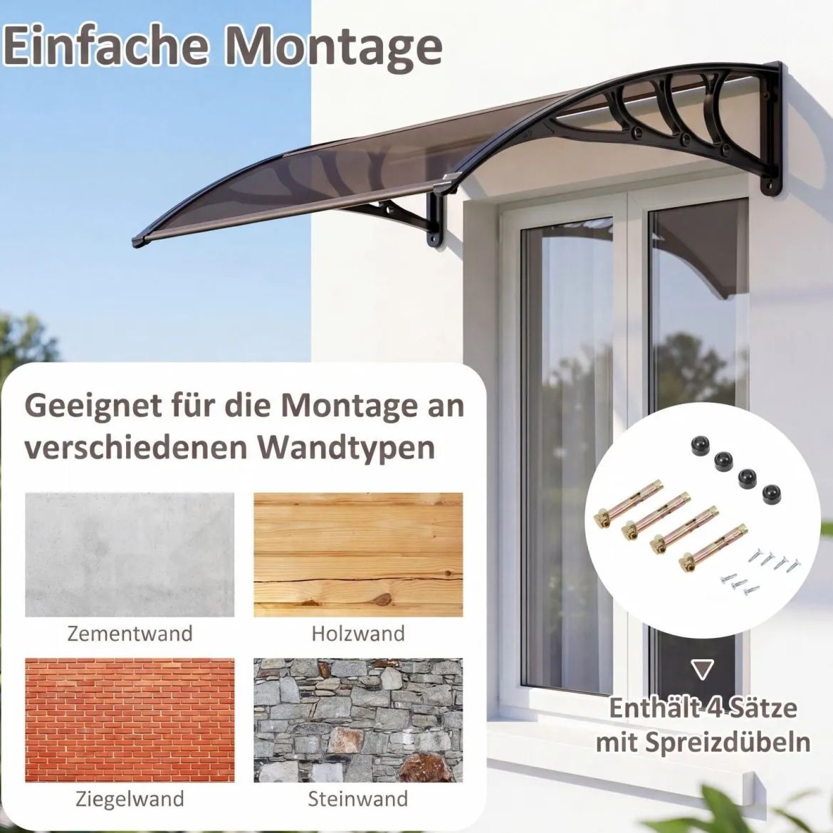 Vordach für Haustür 100 x 76 cm Transparentes Pultbogenvordach aus Polycarbonat & Aluminium Schwarz/Braun