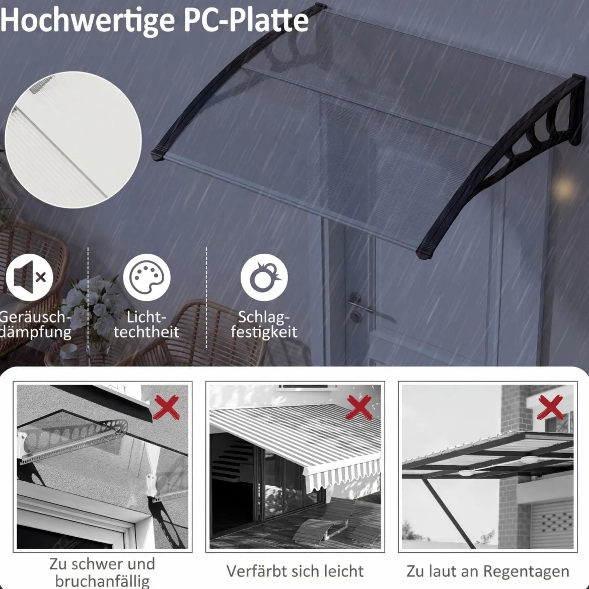Vordach für Haustür 100 x 76 cm Transparentes Pultbogenvordach aus Polycarbonat & Aluminium Schwarz/Braun