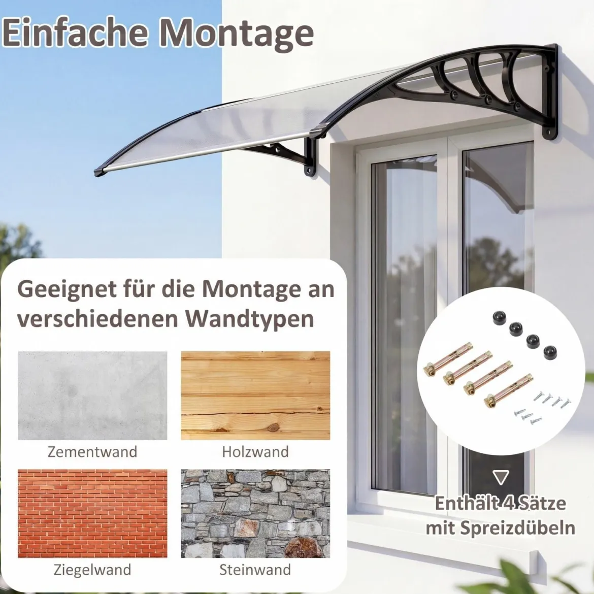 Vordach für Haustür 100 x 76 cm Transparentes Pultbogenvordach aus Polycarbonat & Aluminium Schwarz/Braun