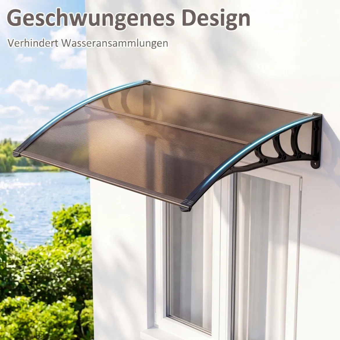 Vordach für Haustür 100 x 76 cm Transparentes Pultbogenvordach aus Polycarbonat & Aluminium Schwarz/Braun