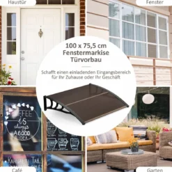 Vordach für Haustür 100 x 76 cm Transparentes Pultbogenvordach aus Polycarbonat & Aluminium Schwarz/Braun