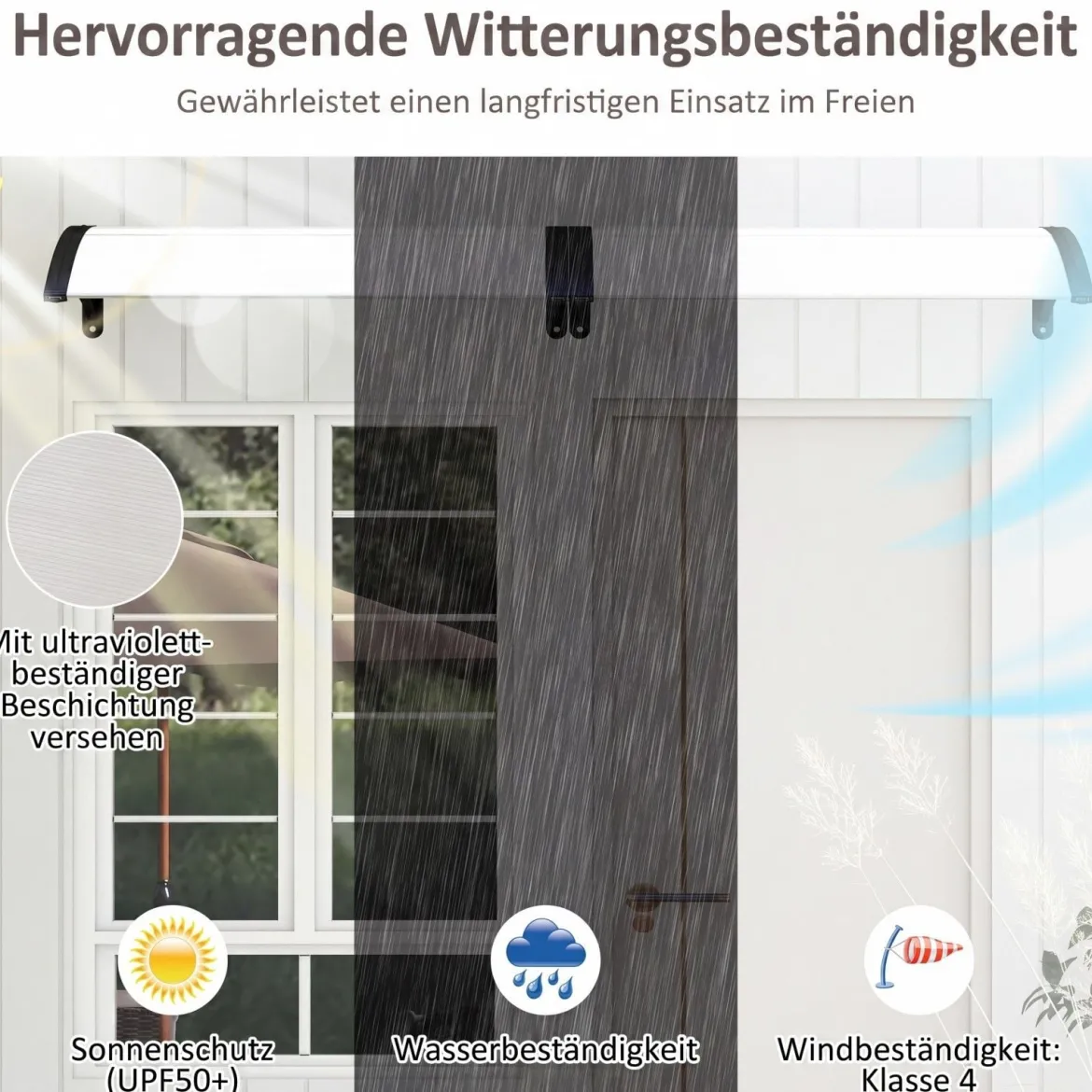 Vordach für Haustür 100 x 76 cm Transparentes Pultbogenvordach aus Polycarbonat & Aluminium Schwarz/Braun