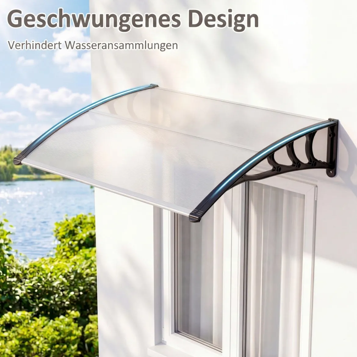 Vordach für Haustür 100 x 76 cm Transparentes Pultbogenvordach aus Polycarbonat & Aluminium Schwarz/Braun