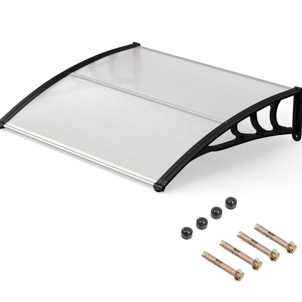 Vordach für Haustür 100 x 76 cm Transparentes Pultbogenvordach aus Polycarbonat & Aluminium Schwarz/Braun