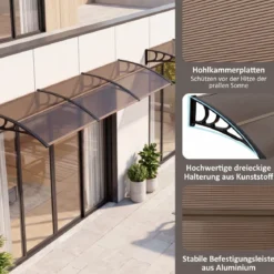 Vordach für Haustür 100 x 76 cm Transparentes Pultbogenvordach aus Polycarbonat & Aluminium Schwarz/Braun