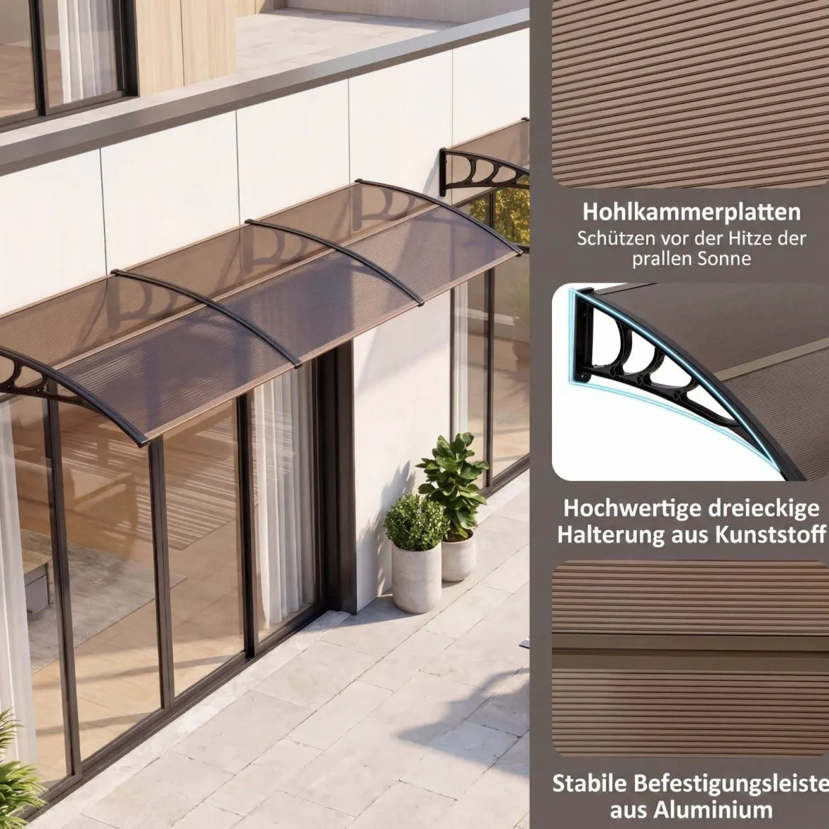 Vordach für Haustür 100 x 76 cm Transparentes Pultbogenvordach aus Polycarbonat & Aluminium Schwarz/Braun