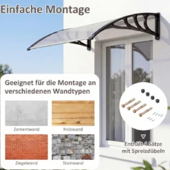 Vordach für Haustür 100 x 76 cm Transparentes Pultbogenvordach aus Polycarbonat & Aluminium Schwarz/Braun