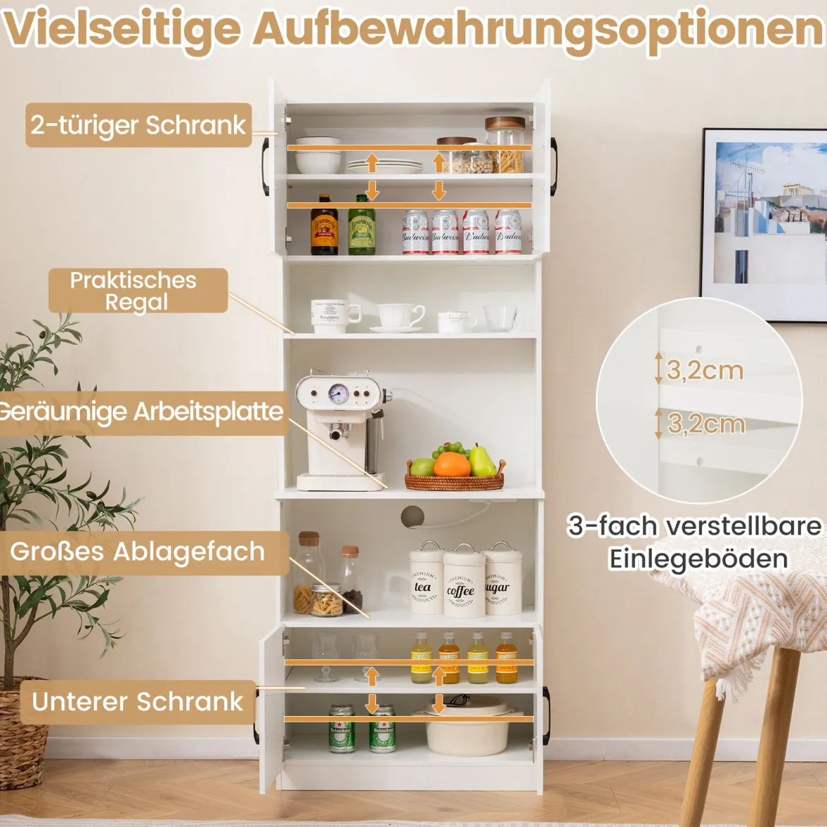 Vorratsschrank mit Steckdosen freistehende schmale Küchenvitrine mit 4 Türen Weiß