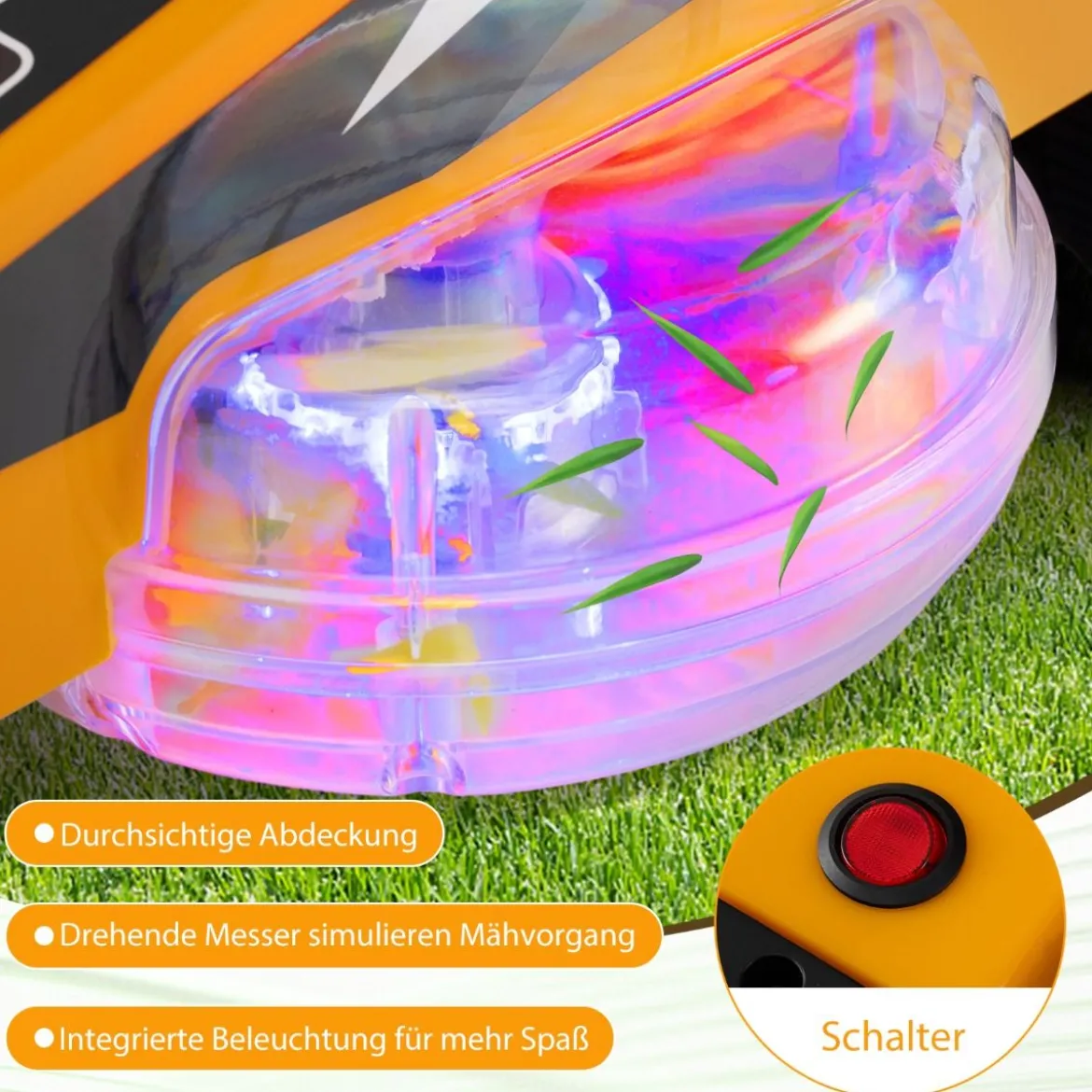 12V Rasenmäher mit Doppelten Steuerhebeln & LED-Lichter & Dreh- und Wende-Funktion Orange