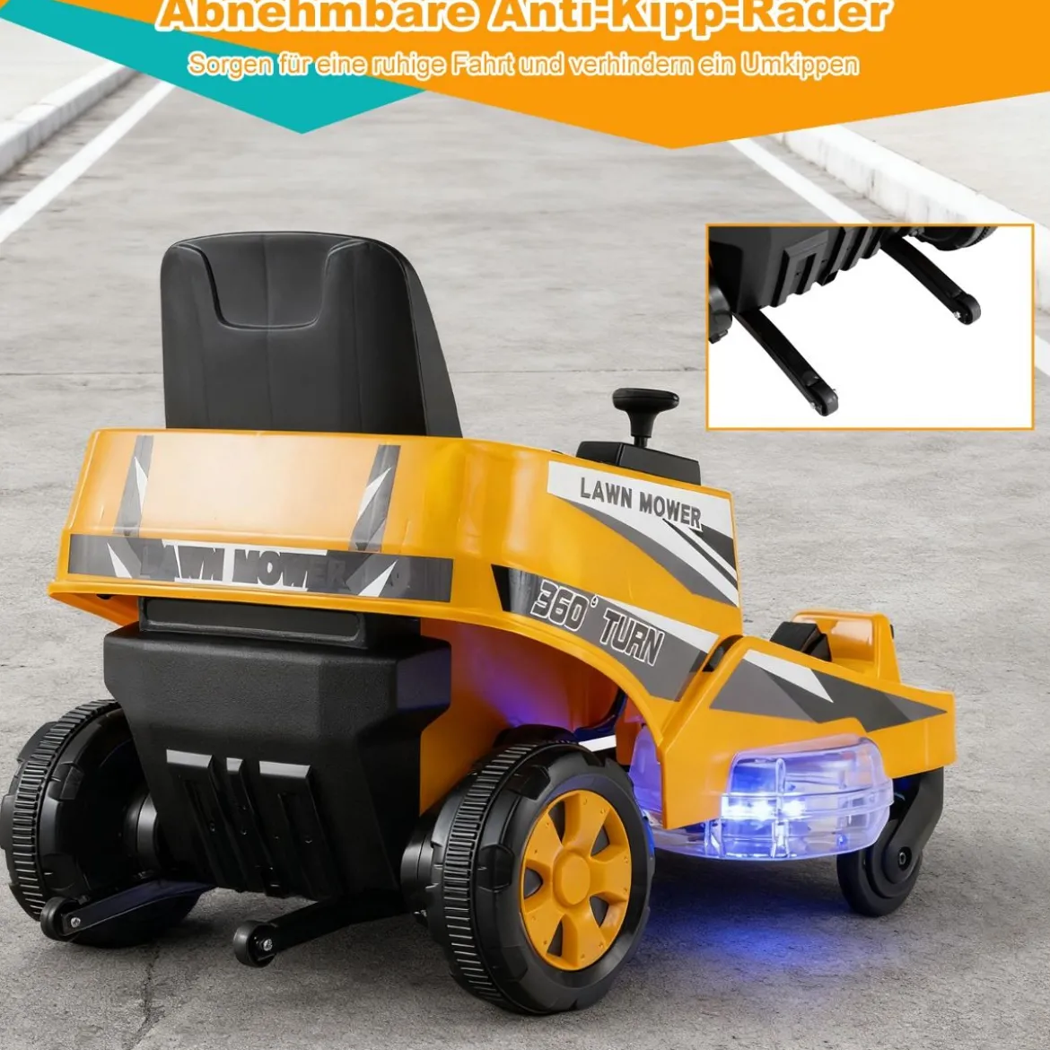 12V Rasenmäher mit Doppelten Steuerhebeln & LED-Lichter & Dreh- und Wende-Funktion Orange