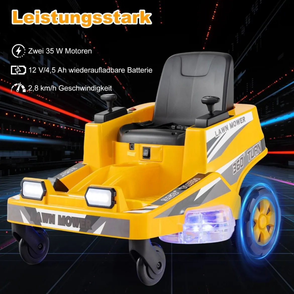 12V Rasenmäher mit Doppelten Steuerhebeln & LED-Lichter & Dreh- und Wende-Funktion Orange