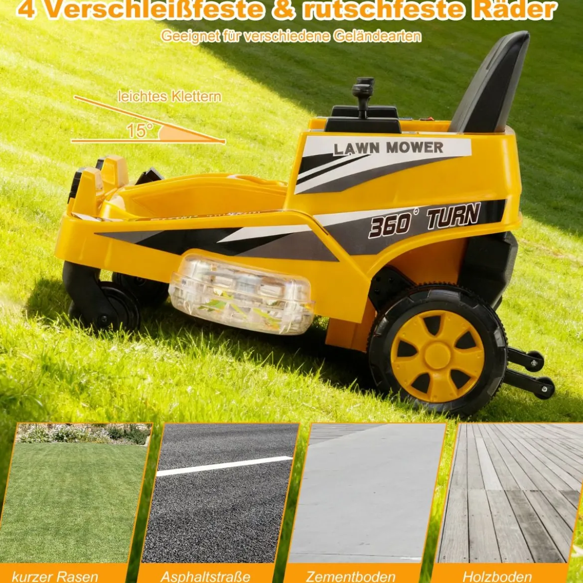 12V Rasenmäher mit Doppelten Steuerhebeln & LED-Lichter & Dreh- und Wende-Funktion Orange