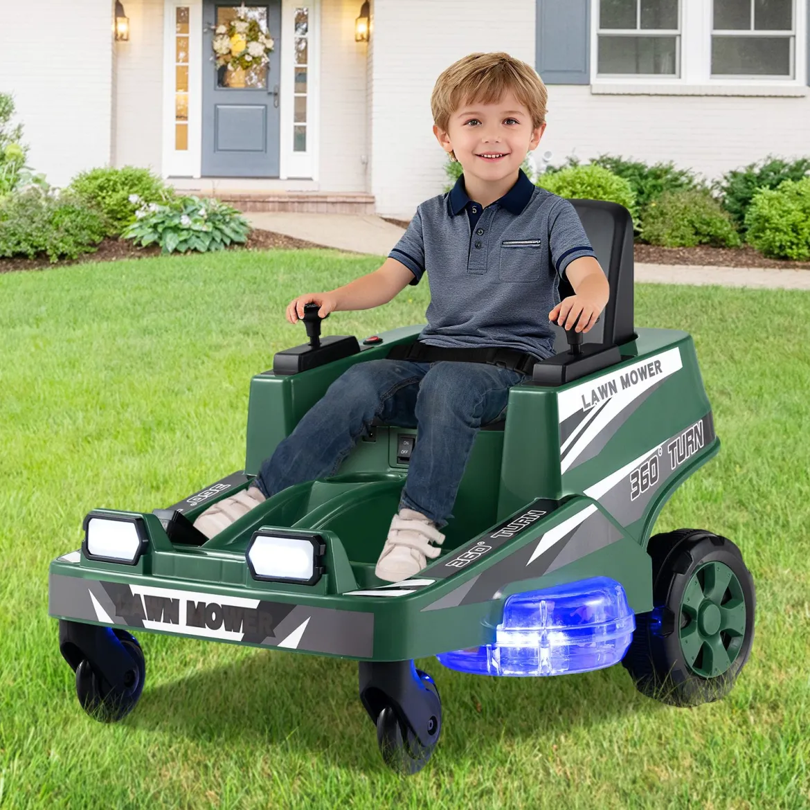 12V Rasenmäher mit Doppelten Steuerhebeln & LED-Lichter & Dreh- und Wende-Funktion Grün