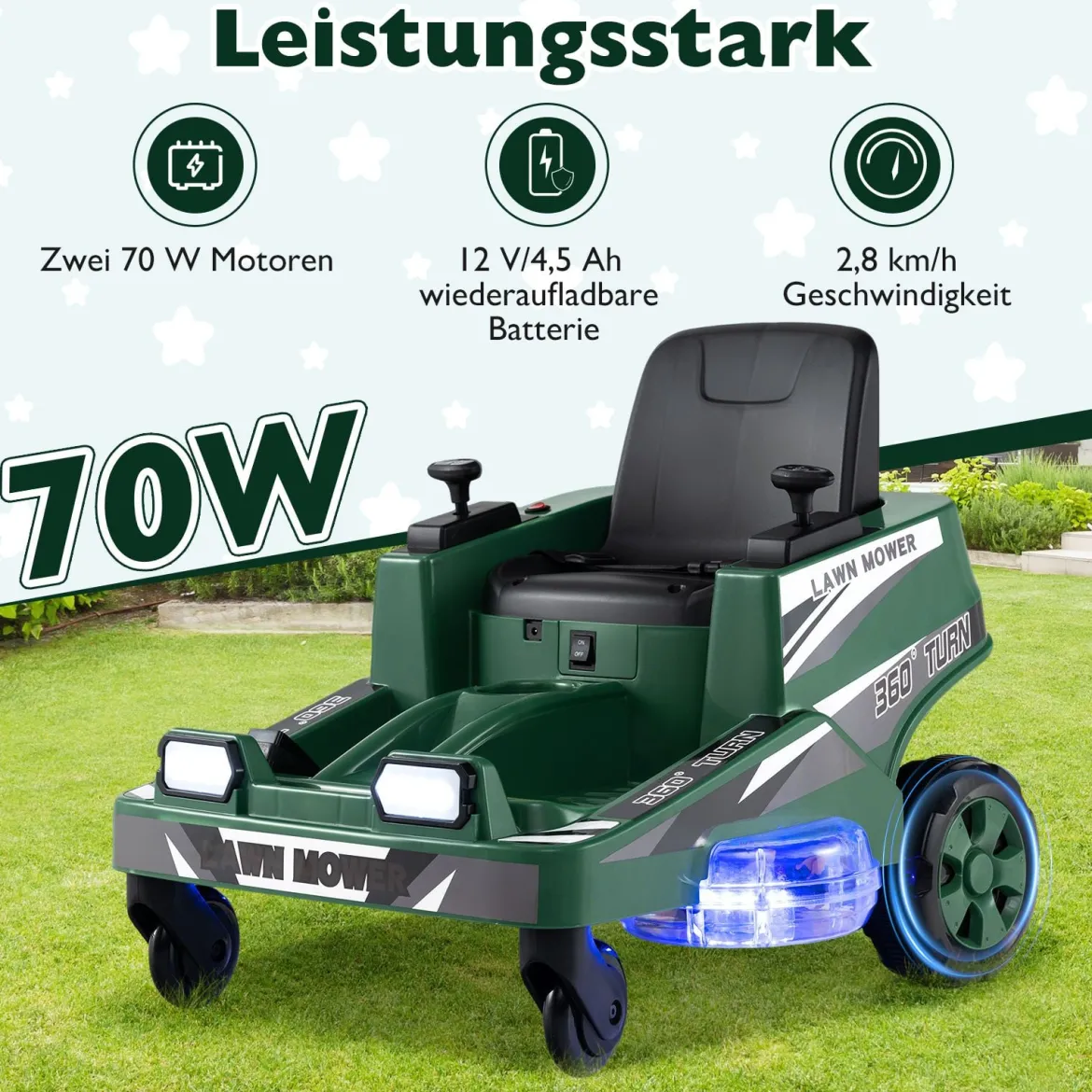 12V Rasenmäher mit Doppelten Steuerhebeln & LED-Lichter & Dreh- und Wende-Funktion Grün