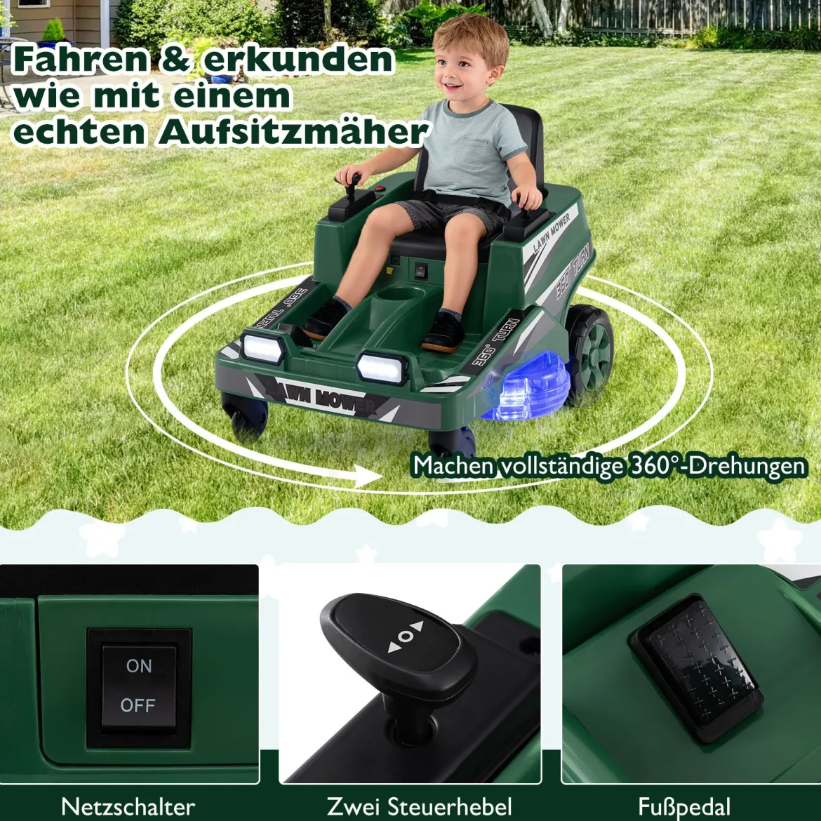 12V Rasenmäher mit Doppelten Steuerhebeln & LED-Lichter & Dreh- und Wende-Funktion Grün