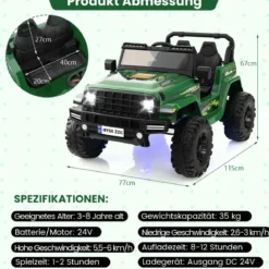 24V 2 Sitzer Kinder Elektroauto mit Fernbedienung & Musik & Hupe & LED-Leuchten Kinderauto Grün